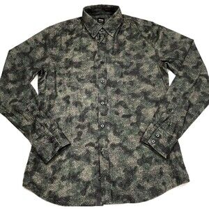 HUGO BOSS Mabsoot Camo Dress Shirt Men M Olive Green Button Down Coastal Chic